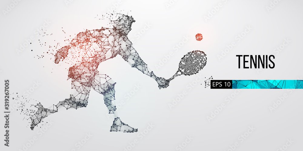 Fototapeta premium Abstract silhouette of a tennis player man, male, women, girl female from particles, lines, triangles. Tennis ball and tennis racket. Low poly neon wire outline geometric polygonal vector illustration