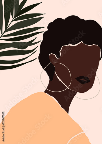Abstract modern young african american black woman with earrings portrait silhouette. Fashion minimal trendy people face in paper cut mosaic flat style. Trendy poster. Vector hand drawn illustration