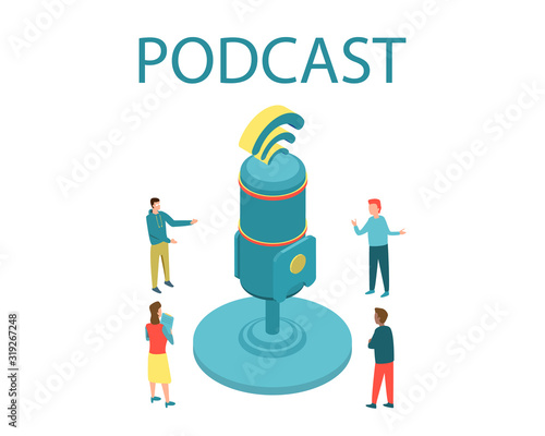 Isometric vector illustration for podcasting, broadcasting, straeming or online radio. Equipment for entertaiment, recording the podcasts and streaming games and etc.