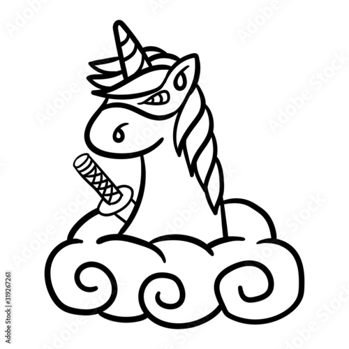 Cute Ninja unicorn line drawing 