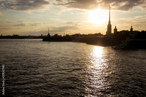 sunset, river, water, city, sky, istanbul, sun, sea, night, evening, tower, architecture, landscape, travel, petersburg, silhouette, boat, harbour, turkey, russia, summer, skyline, blue, ship, harbor