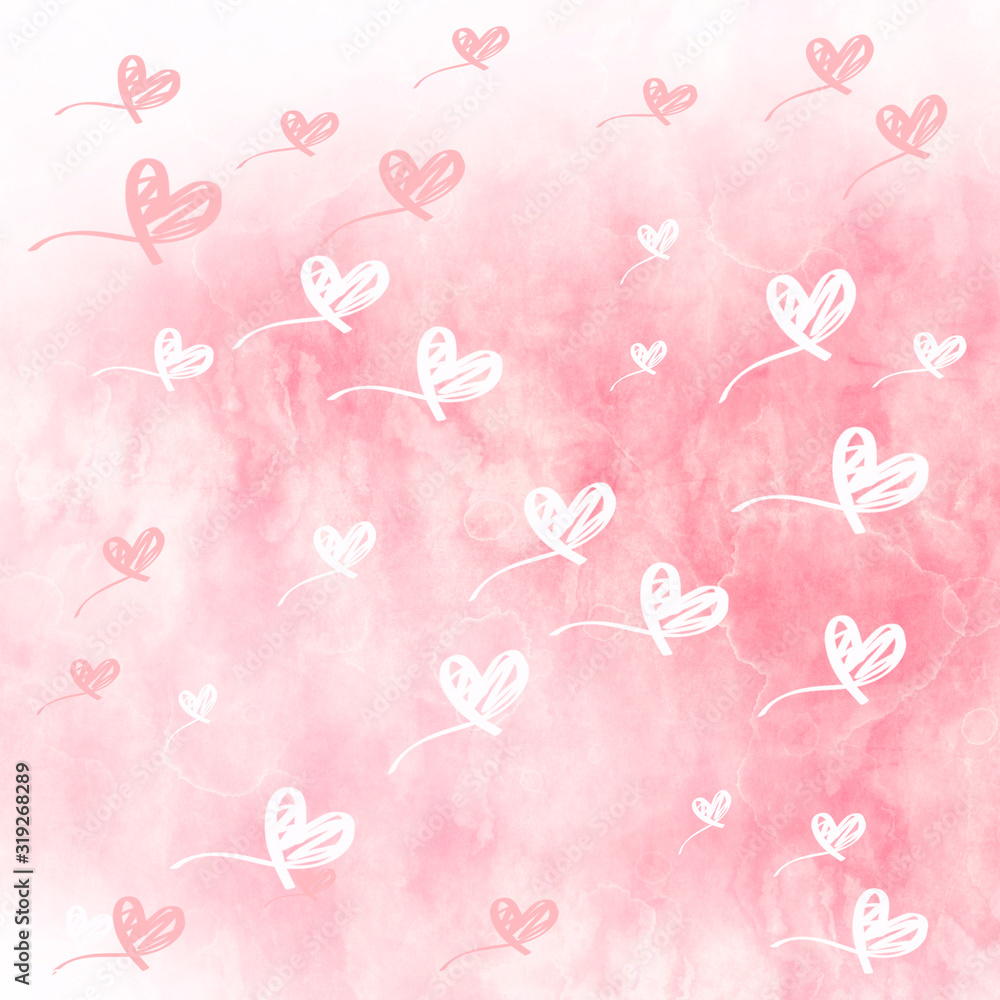 Watercolor background with hearts motif. Old paper texture. 