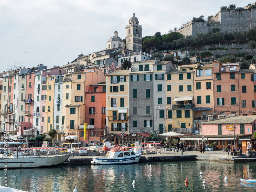 The port of Portovenere with boats and colorful houses