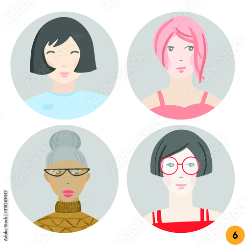 Set of different cute women avatars. Isolated on a white background. Different ages, nationalities, clothes and hair styles.