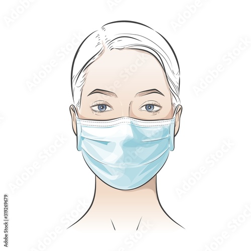 Vector person wearing disposable medical surgical face mask to protect against high air toxic pollution city