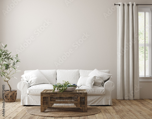 Scandinavian farmhouse living room interior, wall mockup, 3d render photo