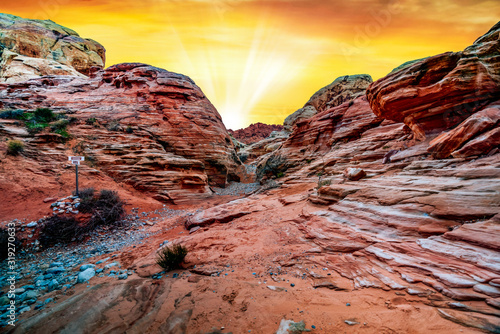 The mesmerizing red rock layers and formations of the desert landscape at the Valley of Fire State Park near Las Vegas, Nevada USA.