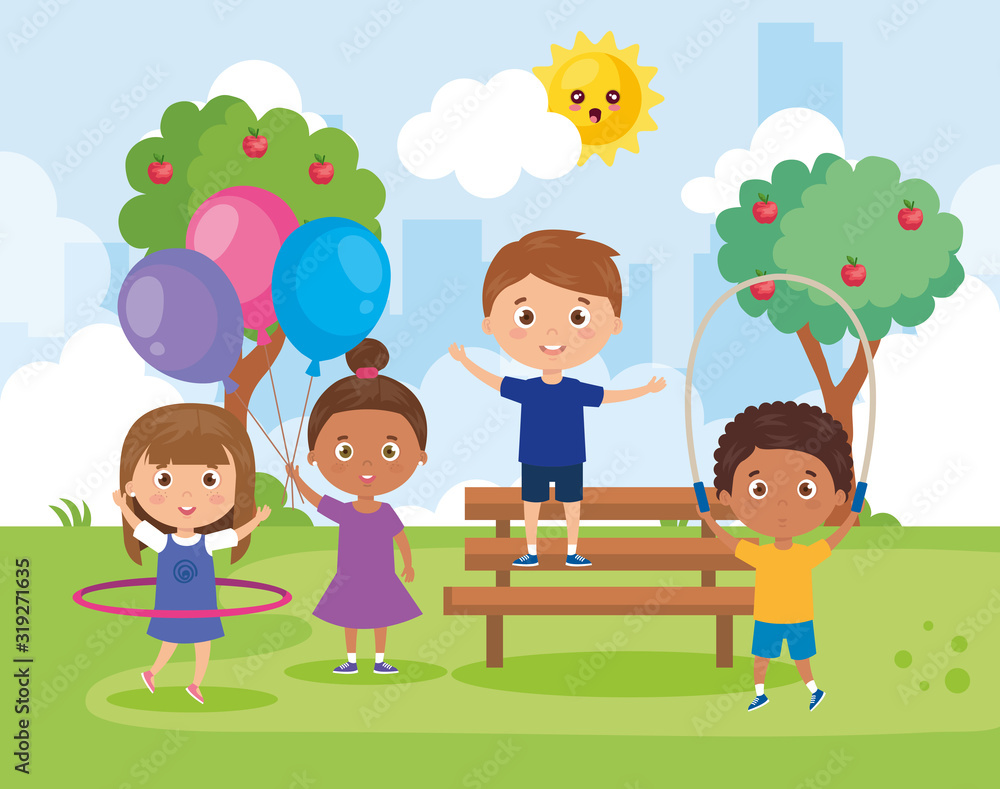 little group children playing in park landscape vector illustration design
