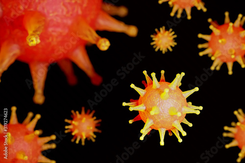 Abstract background, close-up virus molecules, coronavirus concept, epidemic in China.COVID-19,nCoV 2019.3D rendering.