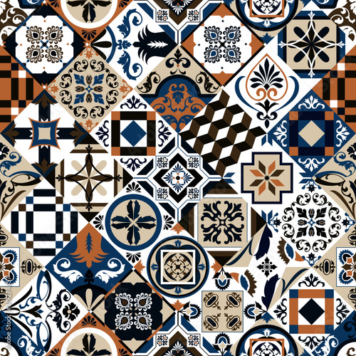 Lisbon geometric Azulejo tile vector pattern, Portuguese or Spanish retro old tiles mosaic, Mediterranean seamless turquoise and yellow design. Ornamental textile background