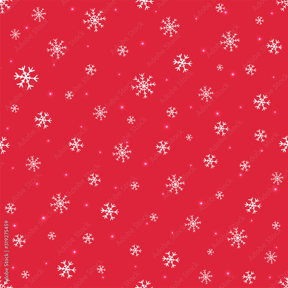 Seamless pattern vector with snowflakes and stars on a red background. Happy New Year and Christmas hand drawn doodle icons for design cards, invitations, wallpaper, wrapping paper Seamless pattern vector with snowflakes and stars on a red background. Happy New Year and Christmas hand drawn doodle icons for design cards, invitations, wallpaper, wrapping paper