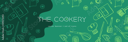 Cooking banners with hand drawing linear illustrations for restaurant. Cooking courses banner. Cooking utensils vector. Vector templates for bakery shop background.