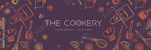 Cooking banners with hand drawing linear illustrations for restaurant. Cooking courses banner. Cooking utensils vector. Vector templates for bakery shop background.
