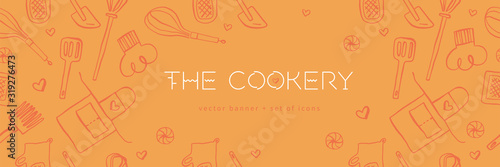 Cooking banners with hand drawing linear illustrations for restaurant. Cooking courses banner. Cooking utensils vector. Vector templates for bakery shop background.