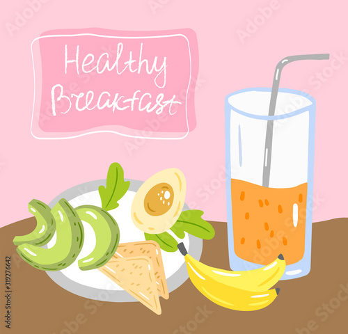 Vector illustration of healthy vegan breakfast variant. Plate with avocado slices, toasts, eggg and lettuce.  Сartoon  style illustration. A glass of orange juice and bananas for dessert.
