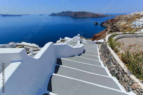Stairs and volcano at Oia island, Greece