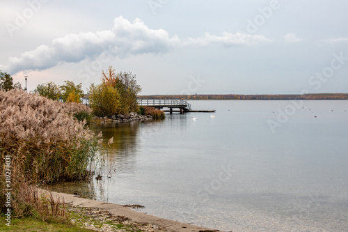 Autumnal view from Lake Cospudener See a former brown coal opencast mine in the south of Leipzig Saxony in Germany