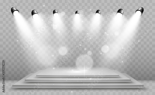 Realistic 3d Light Box with platform background for design performance, show, exhibition. Vector illustration of Lightbox Studio Interior. Podium with spotlights.