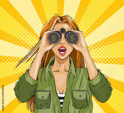 Pop art surprised woman with binoculars with a dollar sign, surprised facial expression.