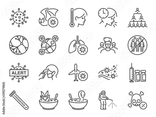 Coronavirus line icon set. Included icons as Wuhan, virus, outbreak, contagious, contagion, infection and more.
