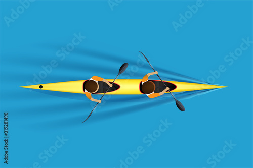 Sprint Double Kayak with two paddlers inside on water surface. Top view of Equipment whitewater kayaking with athletes. Vector Illustration isolated on white background.