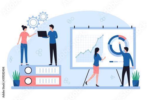 Well-coordinated work in a team of analysts. Men and women study data on graphs, search for solutions, creative collaboration. Flat vector illustration isolated on white background.