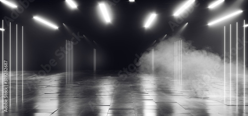 Neon Spotlights Smoke Fog White Cyber Retro Modern Catwalk Studio Stage Podium Tunnel Corridor Empty Concrete Cement Dark 3D Rendering