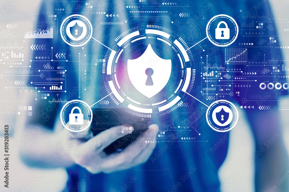 Cyber security theme with young man using a smartphone Cyber security theme with young man using a smartphone
