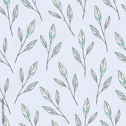 Decorative seamless pattern vector. Hand drawn colored mosaic doodle branches and leaves on a light blue background. Pattern for design cards  invitations  wallpaper  wrapping paper.