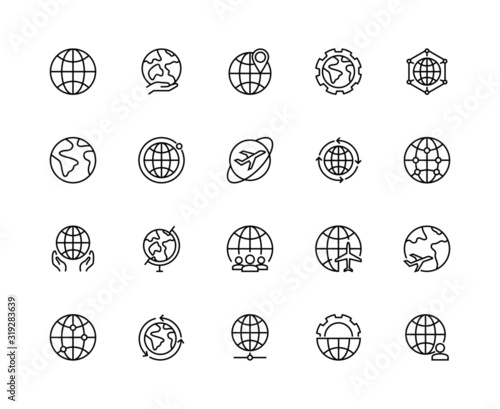 Earth globe line icons. Global planet world icon set editable strokes. Simple linear vector illustration