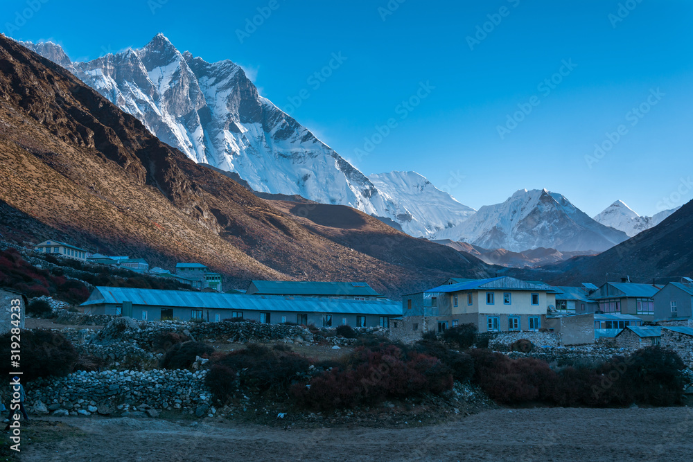 Morning view of Dingboche village with Lhotse Peak in background, Sagarmatha national park, Everest Base Camp 3 Passes Trek, Nepal