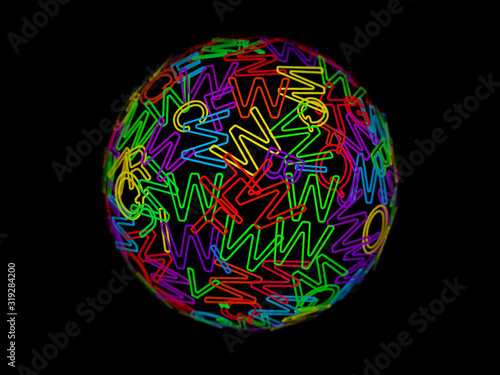 Globe or sphere made of random colored letters of English alphabet. Abstract visualization of digital education and communication technology. Learning English online background. Vector illustration.