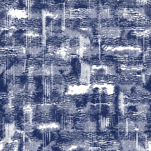 Indigo cyanotype dyed effect distressed worn bleached graphical motif. Noisy brushed faded mottled, intricate grungy stained navy design. Seamless repeat vector eps 10 pattern swatch.