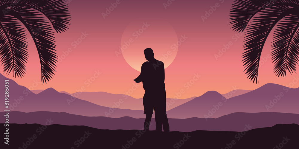 romantic couple at tropical red mountain landscape in purple colors vector illustration EPS10