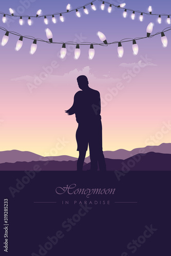 couple in love silhouette honeymoon concept with fairy light on purple landscape vector illustration EPS10 © krissikunterbunt