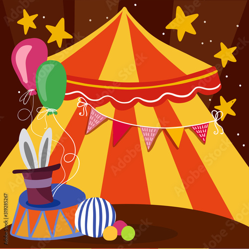 Circus tent, hat with rabbit, flags and balls. Vector illustration