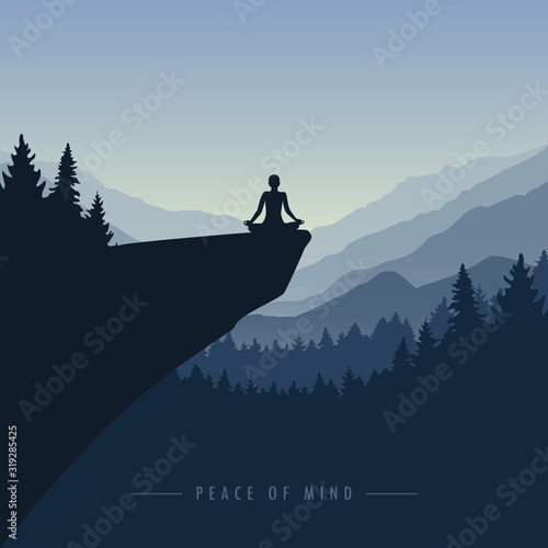 peace of mind mediating person on a cliff with mountain view blue nature landscape vector illustration EPS10