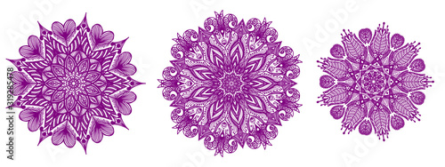Ornamental round floral hand drawn pattern. Set of three purple mozaic mandalas, kaleidoscope, for coloring, antistress, decoration and design