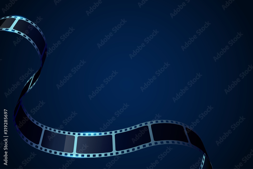 Realistic 3D cinema film strip in perspective. Film reel frame isolated on  blue background. Vector template cinema festival with place for text. Movie  design for brochure, poster, banner or flyer. Stock Vector