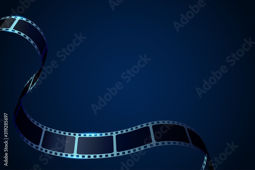 Realistic 3D cinema film strip in perspective. Film reel frame isolated on bl...