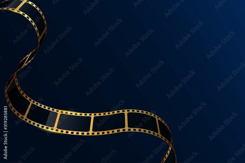 Realistic 3D gold cinema film strip isolated on blue background. Festive design cinema film frame with place for text. Vector template movie for advertisement, poster, brochure, banner, flyer. EPS 10