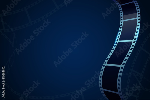 Realistic 3d film strip in perspective. Film reel stripe cinema isolated on blue background. Vector template cinema festival. Movie backdrop for brochure, leaflet, poster, tickets, banner or flyer