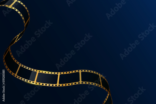 Realistic 3D gold cinema film strip isolated on blue background. Festive design cinema film frame with place for text. Vector template movie for advertisement, poster, brochure, banner, flyer. EPS 10