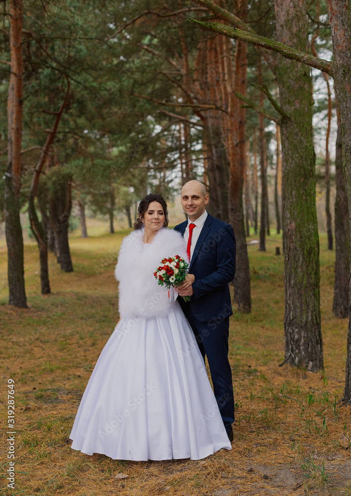 Happy bride and groom are standing in the autumn forest holding hands. Happy bride and groom are standing in the autumn forest holding hands.