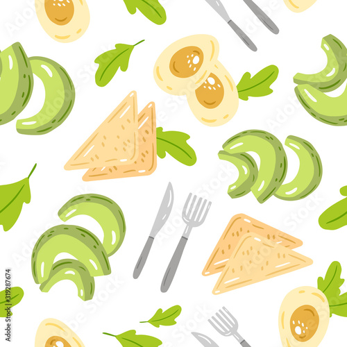 Vector seamless pattern of healthy vegan breakfast ingredients. Avocado slices, toasts, eggg and lettuce. Сartoon style illustration.