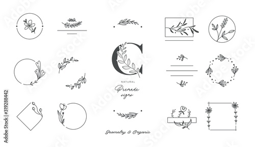 Set of minimalistic elegant geometric floral elements. Premade decorative fashion labels, signs