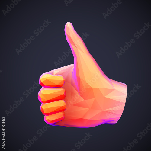 Concept of social network and media: low poly human hand with thumb up gesture. Polygonal 3D like symbol. Abstract visualization of goal achievement and business success. EPS 10, vector illustration.