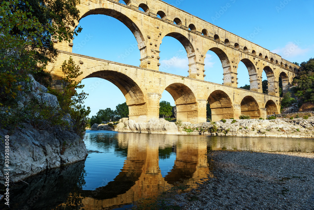 Pont du Gard aqueduct, Provence, France - view at sunset
