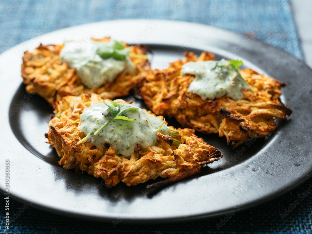 Parsnip, Carrot Fritters with Yogurt Zhoug Sauce Parsnip, Carrot Fritters with Yogurt Zhoug Sauce