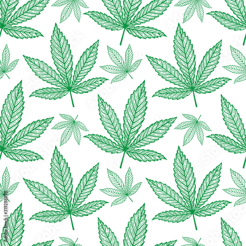 Hand drawn cannabis leaves seamless background. Hemp leaves endless pattern. Marijuana sketch drawing seamless texture. Part of set.